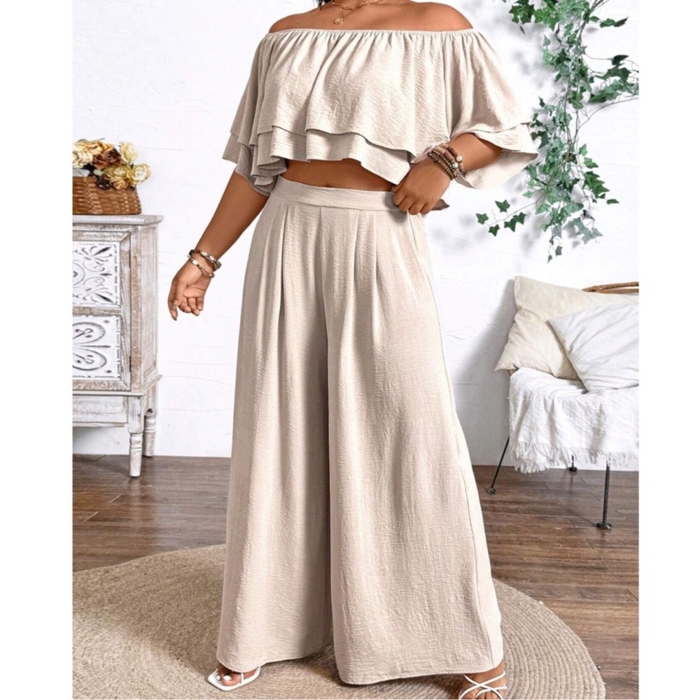 Plus Solid Ruffle Off Shoulder Crop Top Wide Leg … - image 5